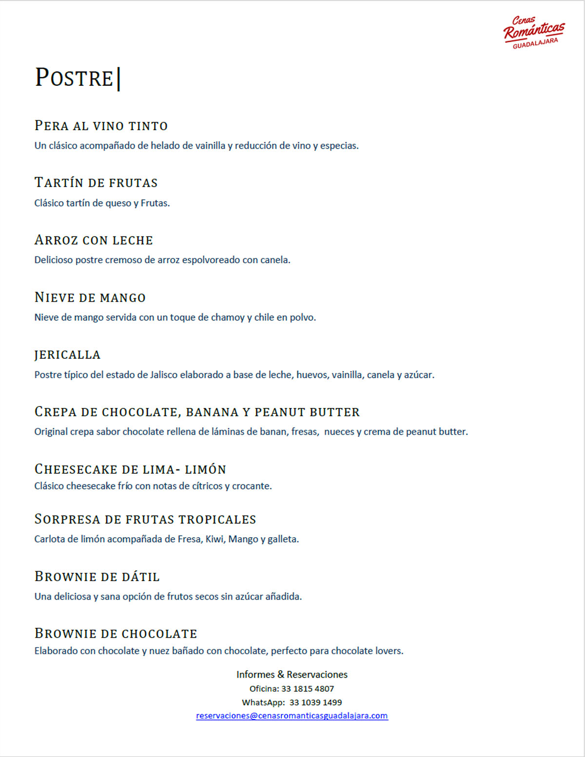 Menú Cenas Romámticas en Guadalajara